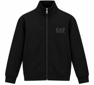 جاكيت ترنج EA7 إمبوريو أرماني رجالي أسود بسحاب وشعار مطبوع على الصدر
