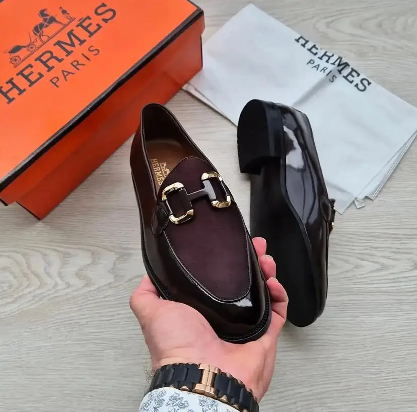 حذاء لوفر جلد رجالي بني بتصميم Hermès