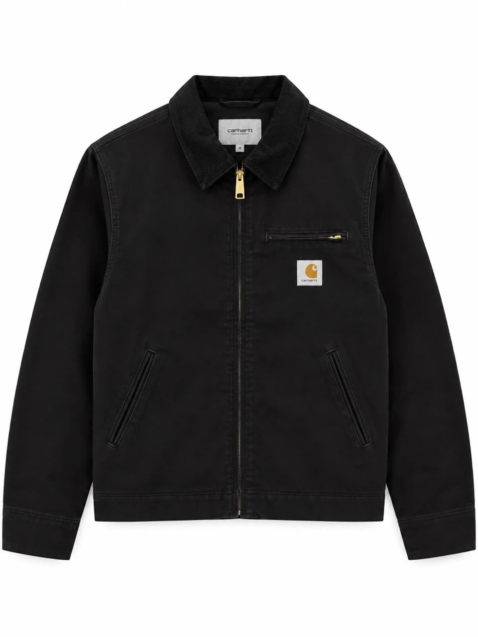جاكيت رجالي Carhartt أسود بسحاب ذهبي وياقة مميزة.
