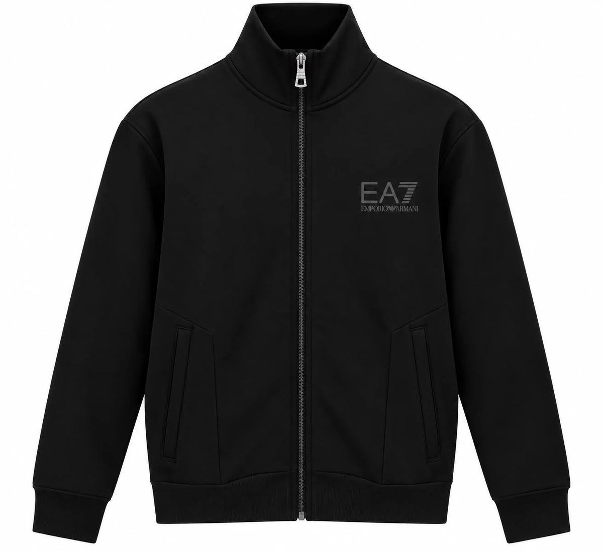 جاكيت ترنج EA7 إمبوريو أرماني رجالي أسود بسحاب وشعار مطبوع على الصدر